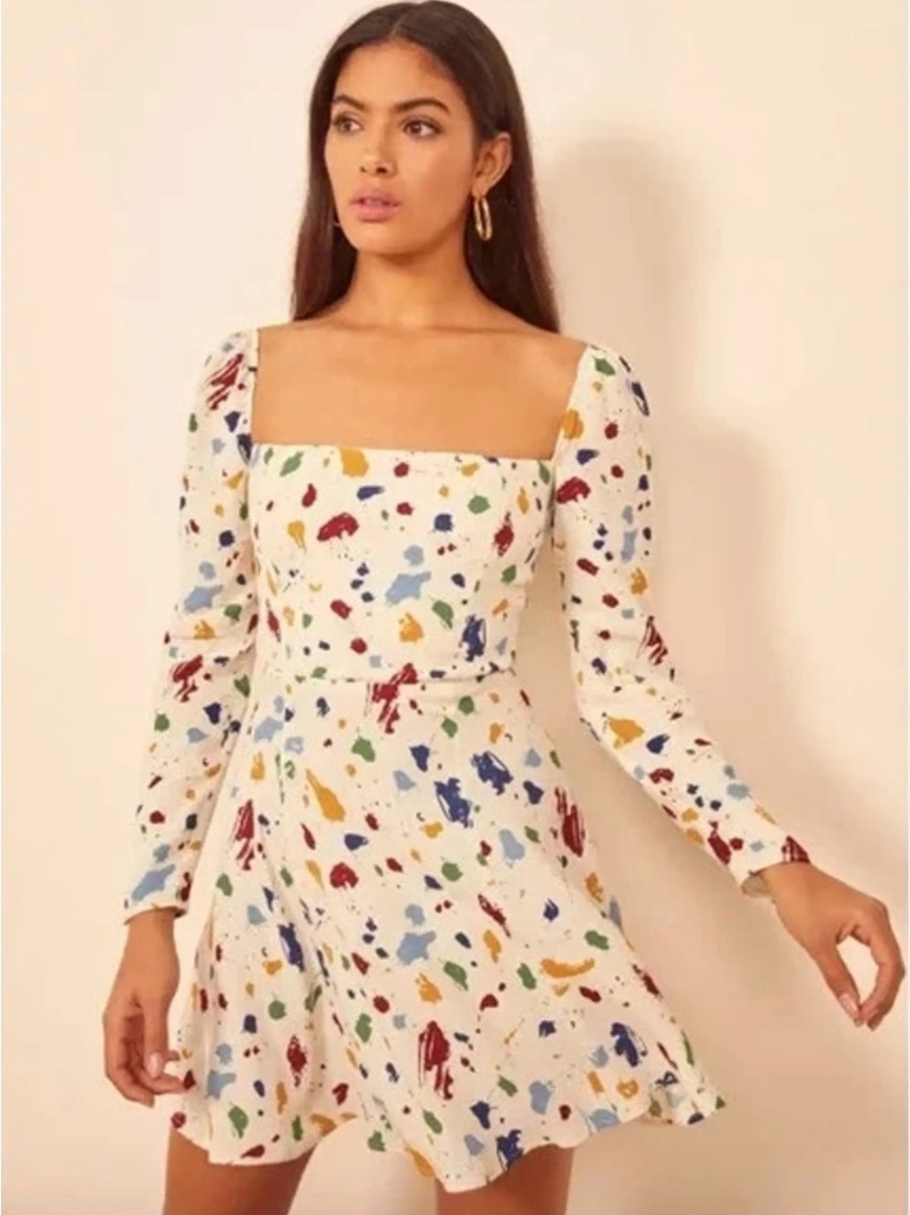 Reformation Side Car Square-Neck Long Sleeve Painted Lady Mini Dress-Size 12 NWT